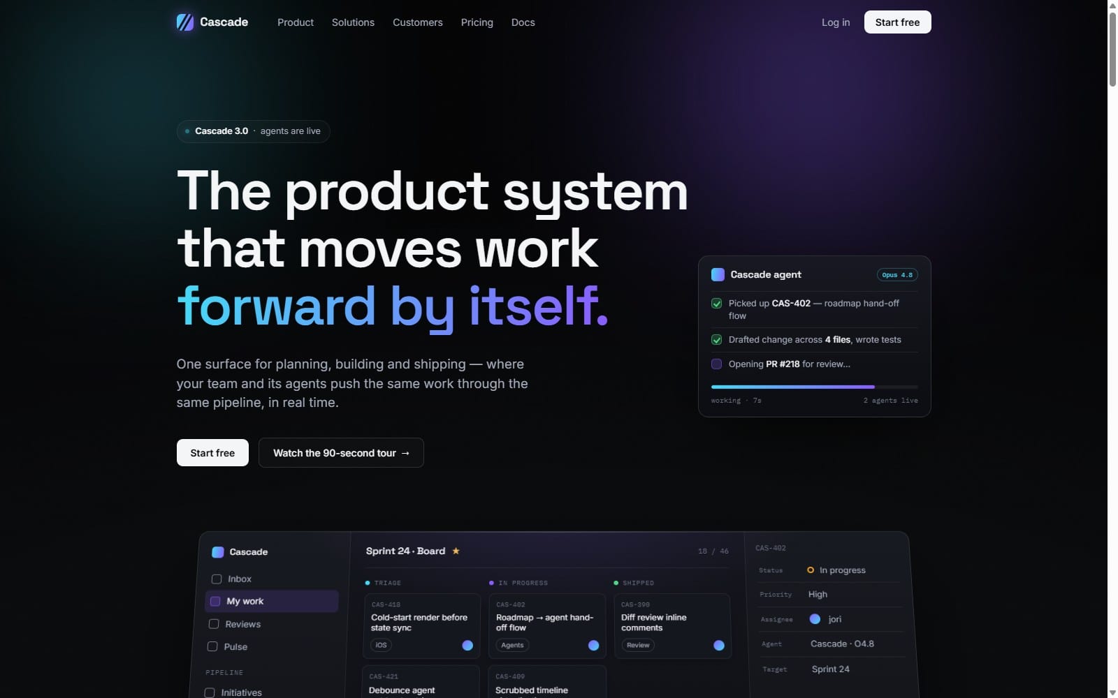 Cascade — a dark B2B software product homepage with a gradient headline